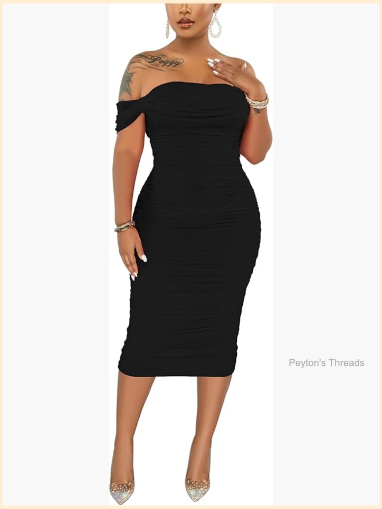 Off Shoulder Bodycon Ruched Midi Cocktail Party Dress